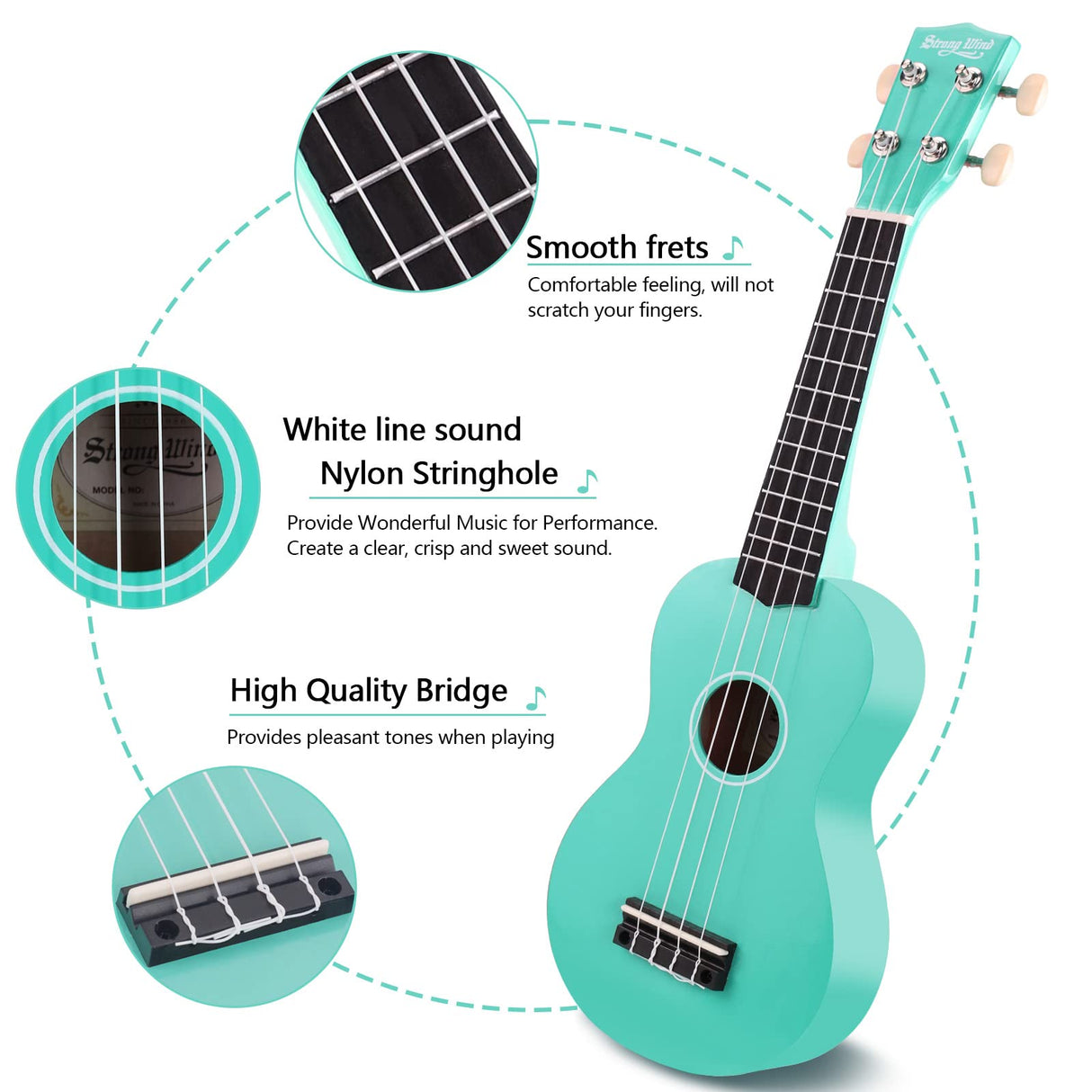 Strong Wind Soprano Ukulele 21 Inch Basswood Ukeleles for Beginners Four Strings Hawaiian Guitar Christmas Ukulele for Adults Teenagers(Light Blue)