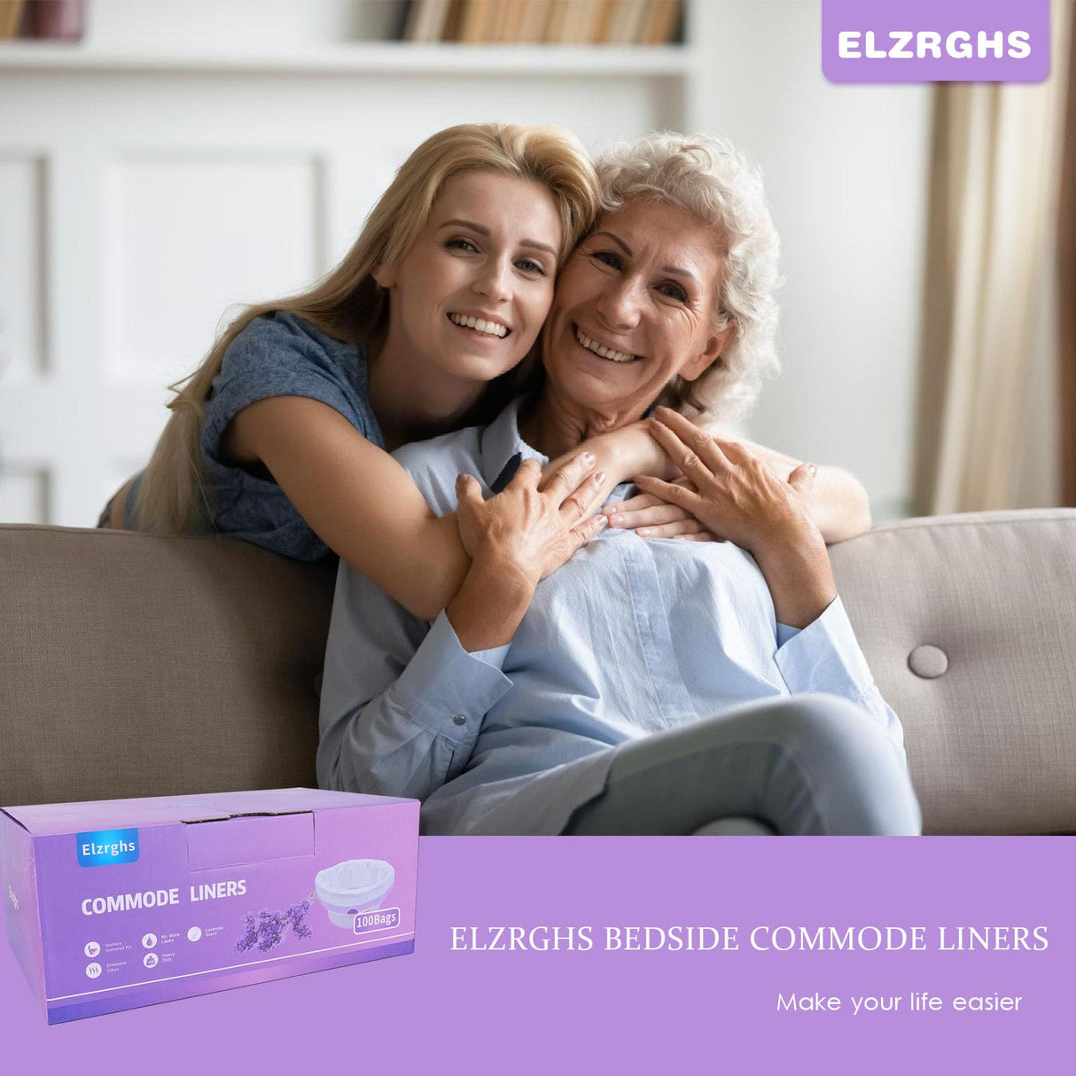 Elzrghs Commode Liners for Bedside Commode, Portable Toilet, Bed Pan, 100 Count Lavender Scented Disposable Potty Chair Liners