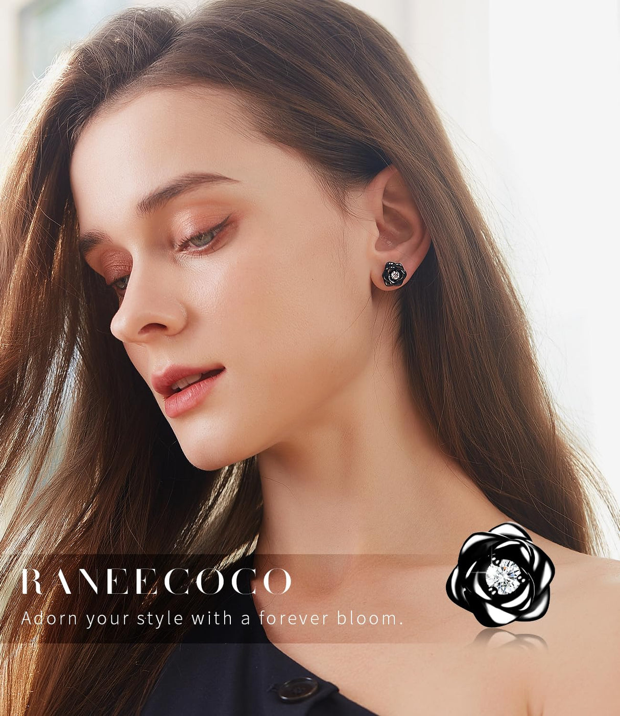 Black Gold Plated Sterling Silver Rose Flower Earring Studs, Hypoallergenic & Nickel Free Earrings for Women(9mm)