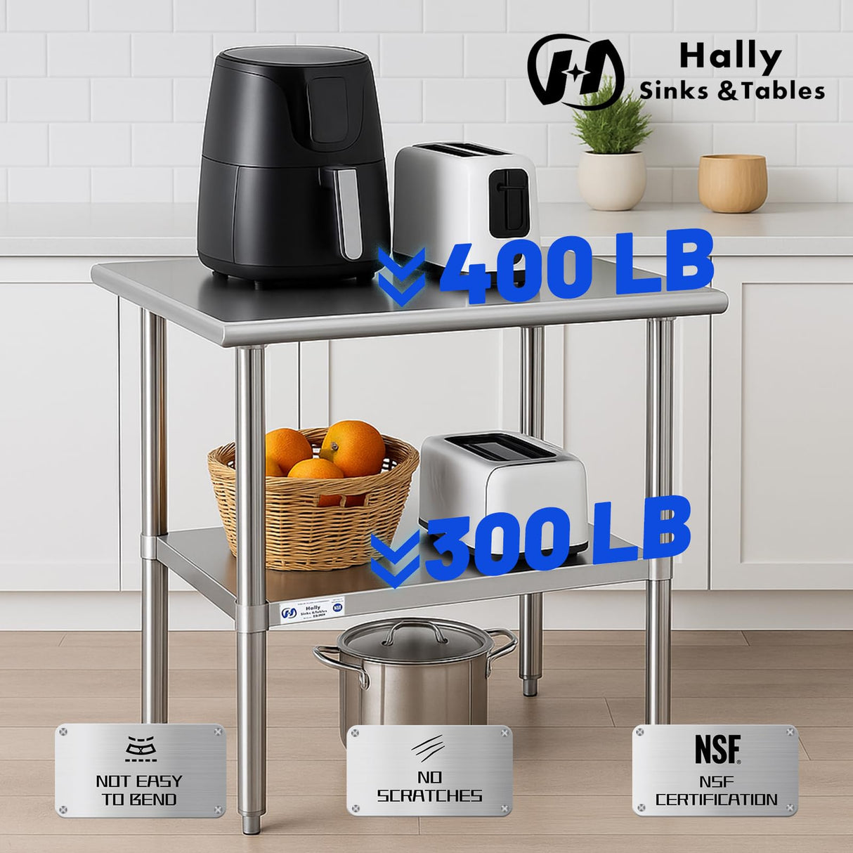 Hally Stainless Steel Table for Prep & Work 24 x 30 Inches, NSF Commercial Heavy Duty Table with Undershelf and Galvanized Legs for Restaurant, Home and Hotel