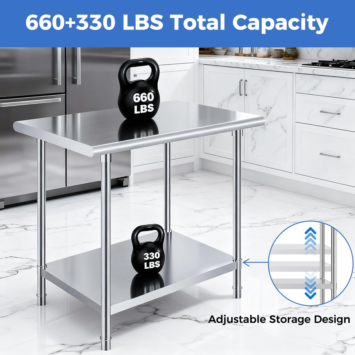 OSTBA Stainless Steel Table for Prep & Work 24x48 Inches, NSF Metal Commercial Heavy Duty Table with Adjustable Undershelf and Adjustable Foot for Restaurant Kitchen Home and Hotel