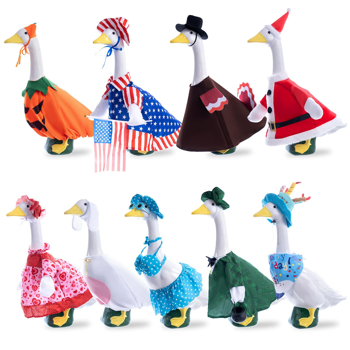RIYYDEN 9 Set of Holiday Porch Goose Outfits All Seasons Holiday Christmas Birthday Easter Summer Hawaiian 4th of July Fall Lawn Goose Clothing Porch Clothes for Patio Yard Lawn Decor