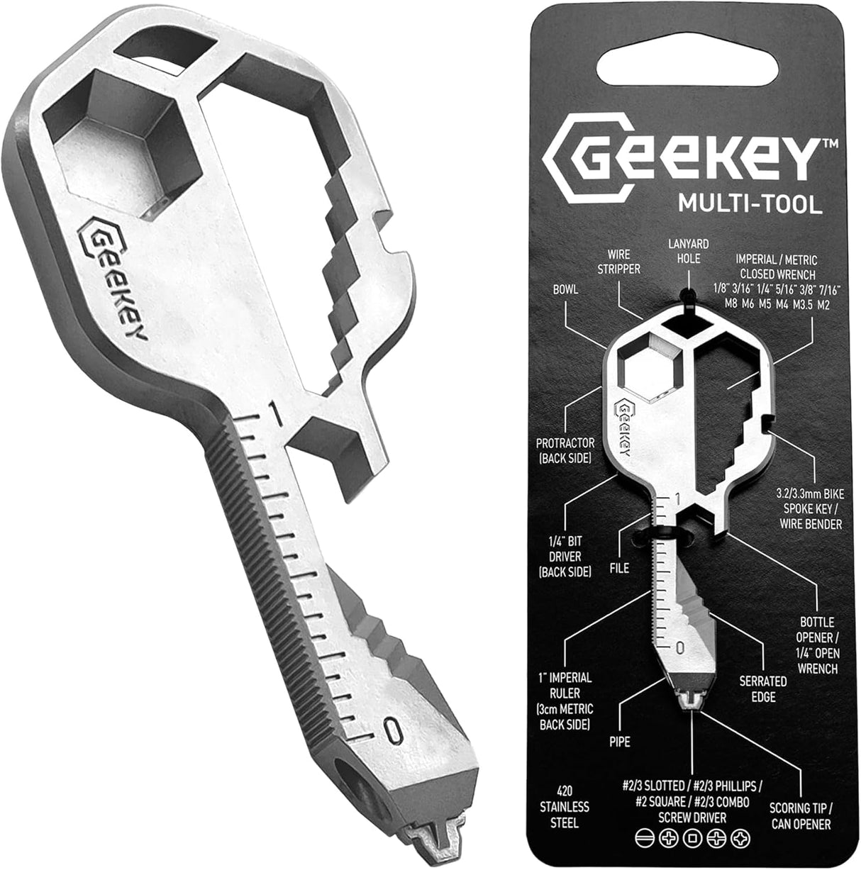 Geekey Keychain Multitool – Key Tool with 16+ Functions | Bottle Opener Keychain, EDC Multitool, Screwdriver, Wrench, Box Cutter | Good for Travel, Outdoor, Hiking | TSA Safe