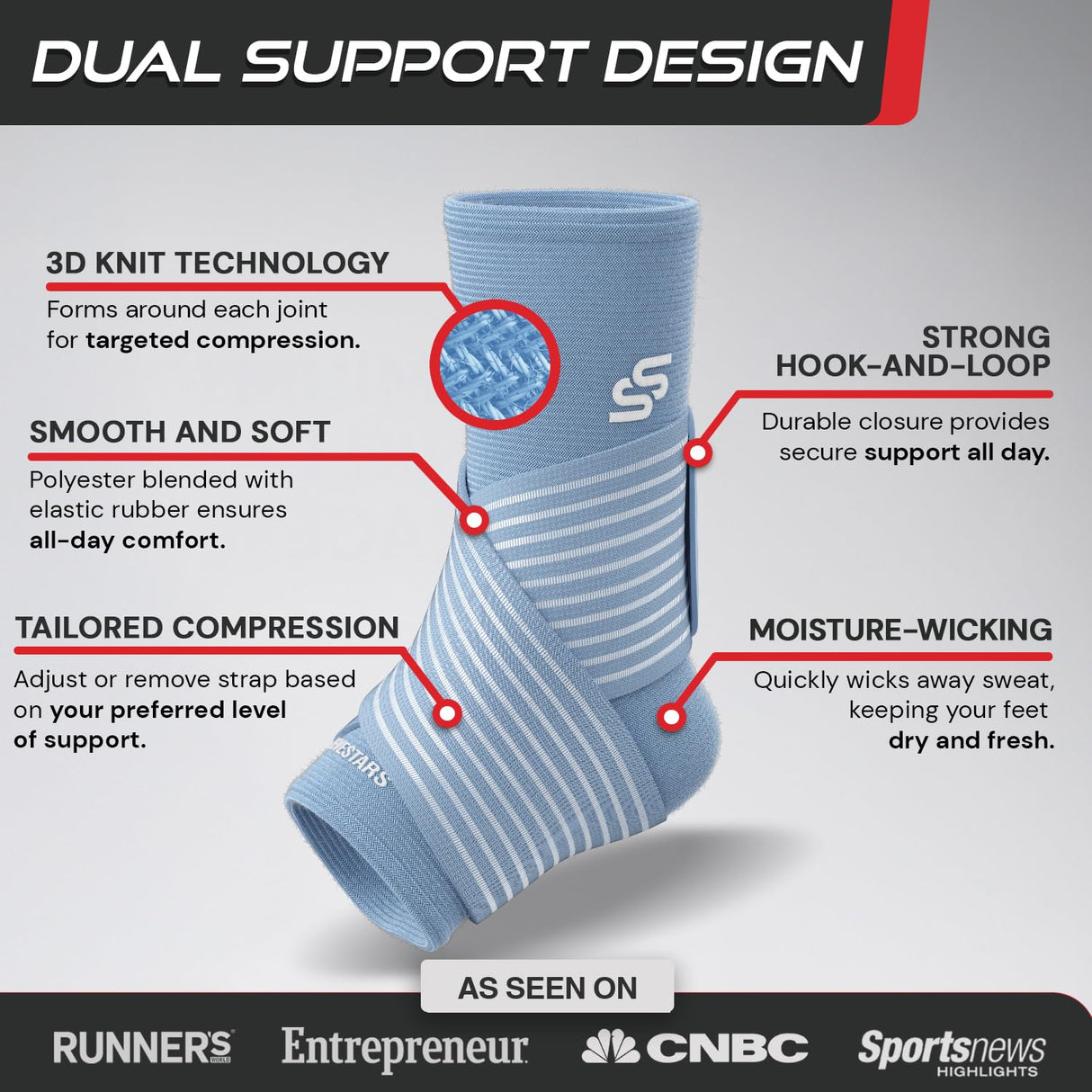 Sleeve Stars Ankle Brace for Women & Men, Ankle Wrap for Sprain, Compression Sleeve for Plantar Fasciitis Relief, Easy Customizable Support: w/ Removable Strap (Single/M:10"-12"/Light Blue)