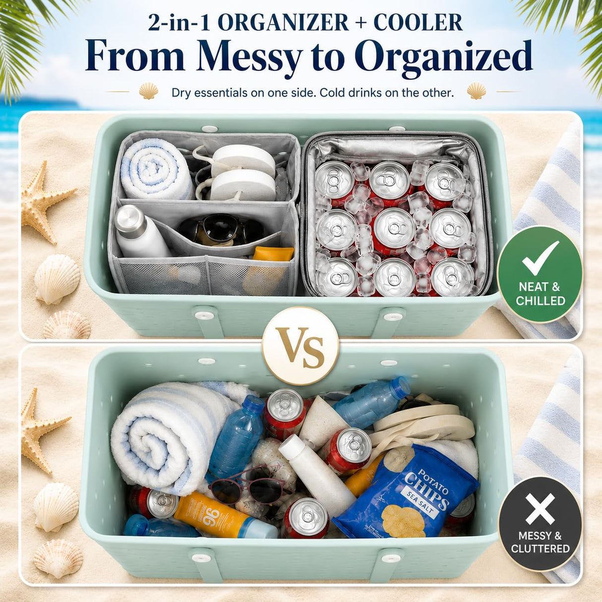 2-in-1 Cooler Organizer Insert Compatible with X Large Bogg Bag, No More Mess & Leaks, Beach & Pool Organizer for Travel & Picnic, Leak-Proof PEVA Insulated Cooler with Mesh Divider