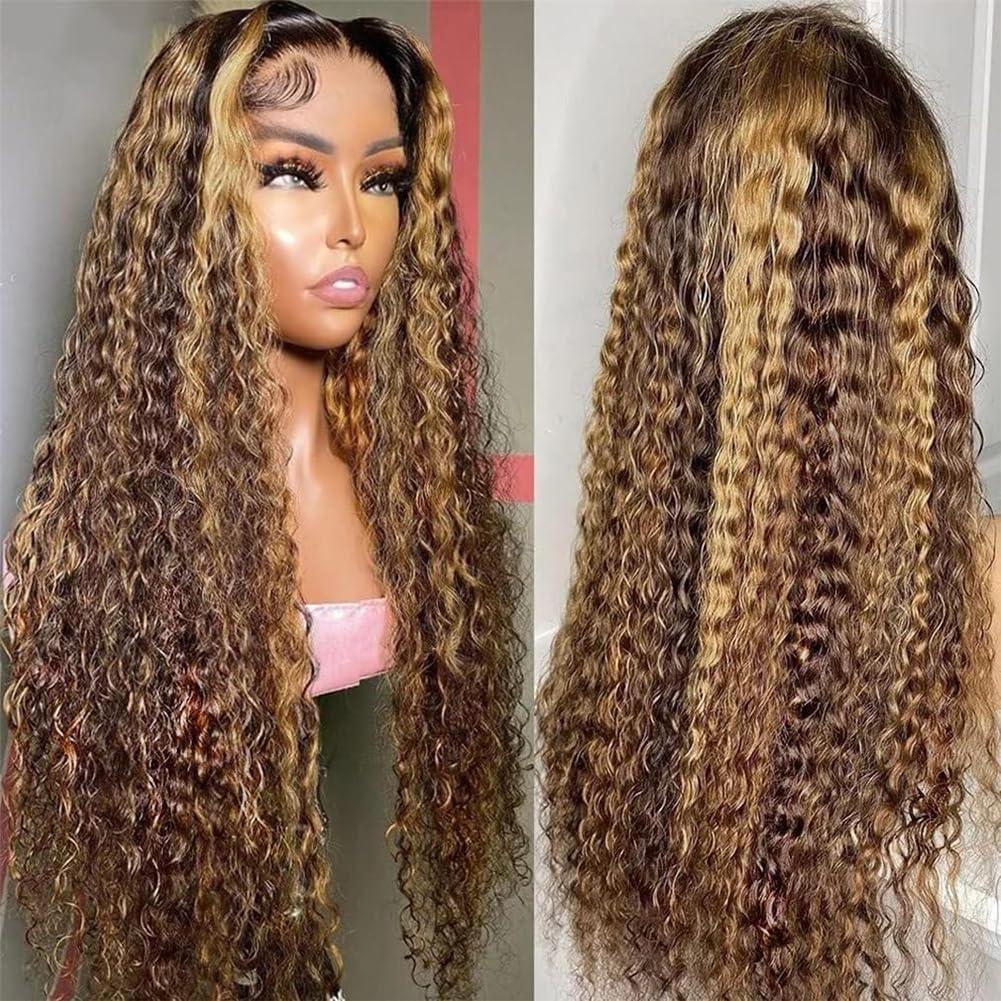 13x6 Highlight Lace Front Wig Human Hair 30inch 4/27 Ombre Deep Wave Lace Front Wig Human Hair Pre Plucked With Baby Hair 180% Density Honey Blonde Curly Human Hair Glueless Wigs (30 inch)