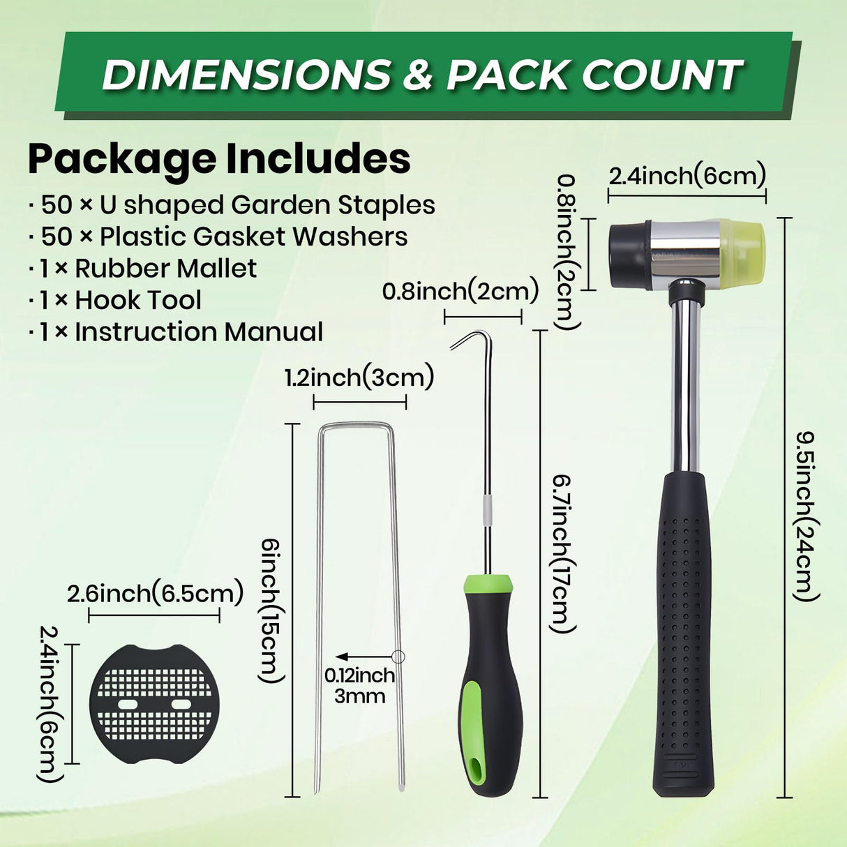 Landscape Staples 50 Pack, 6 Inch 11 Gauge Heavy Duty Galvanized Garden Staples with 50pcs Fixing Washers, Rubber Mallet & Hook Remover, U Shaped Weed Barrier Stakes for Sod, Turf and Lawn