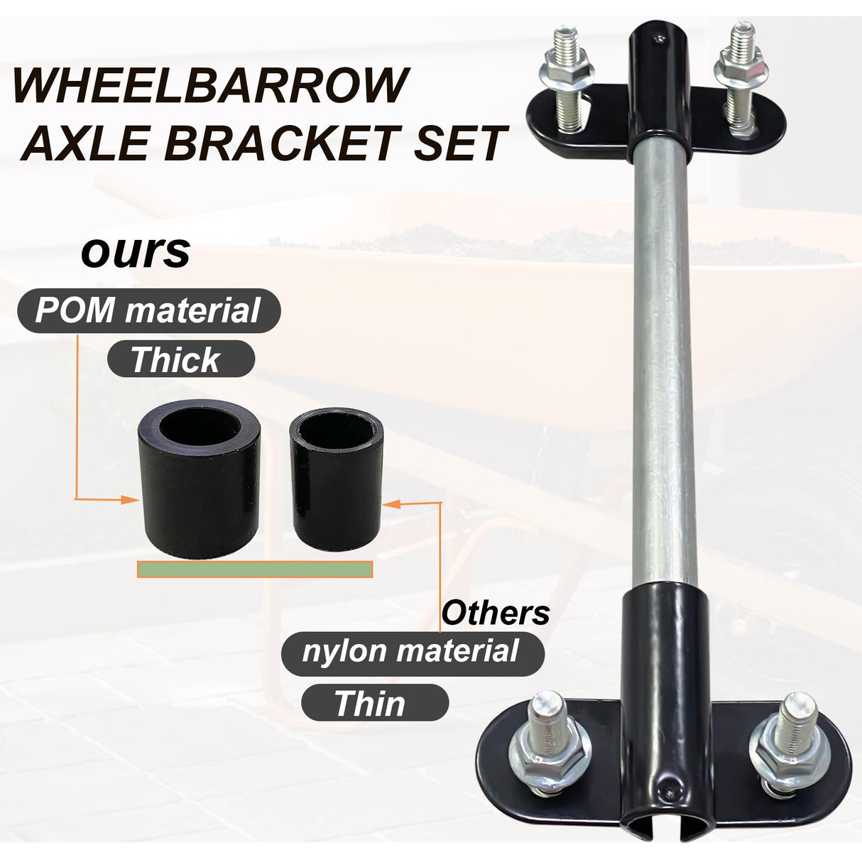 Wheelbarrow Axle Bracket Set, Compatible with 5/8" Hole Wheelbarrow Axles Heavy-Duty Wheelbarrows Spare Parts 10 inch Wheelbarrows axles and 3.3 x 2.1 inch Brackets, Bolts and Nuts and POM spacers