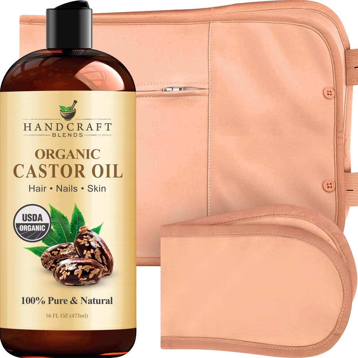 Handcraft Blends Castor Oil Pack Wrap - Organic Castor Oil 16 oz with Reusable Wraps - Durable Comfortable Pack Wraps for Neck and Stomach with Adjustable Elastic Straps