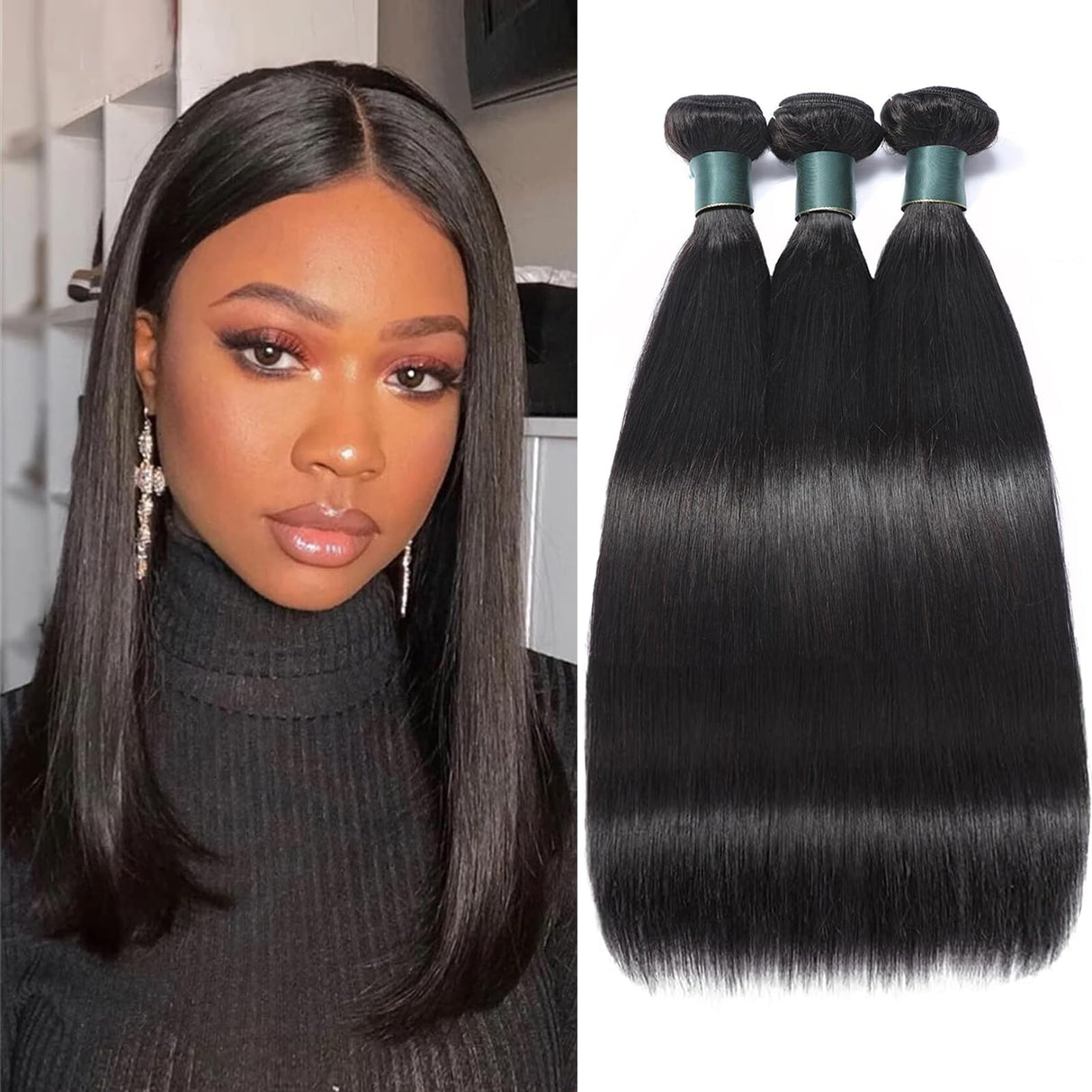 Great Grace Brazilian Straight Bundles Human Hair 12 14 16 Inch 12A 100% Unprocessed Virgin Human Hair Weave 3 Bundles Deals Natural Black Color (Natural Balck 3 Bundles, 12 14 16)
