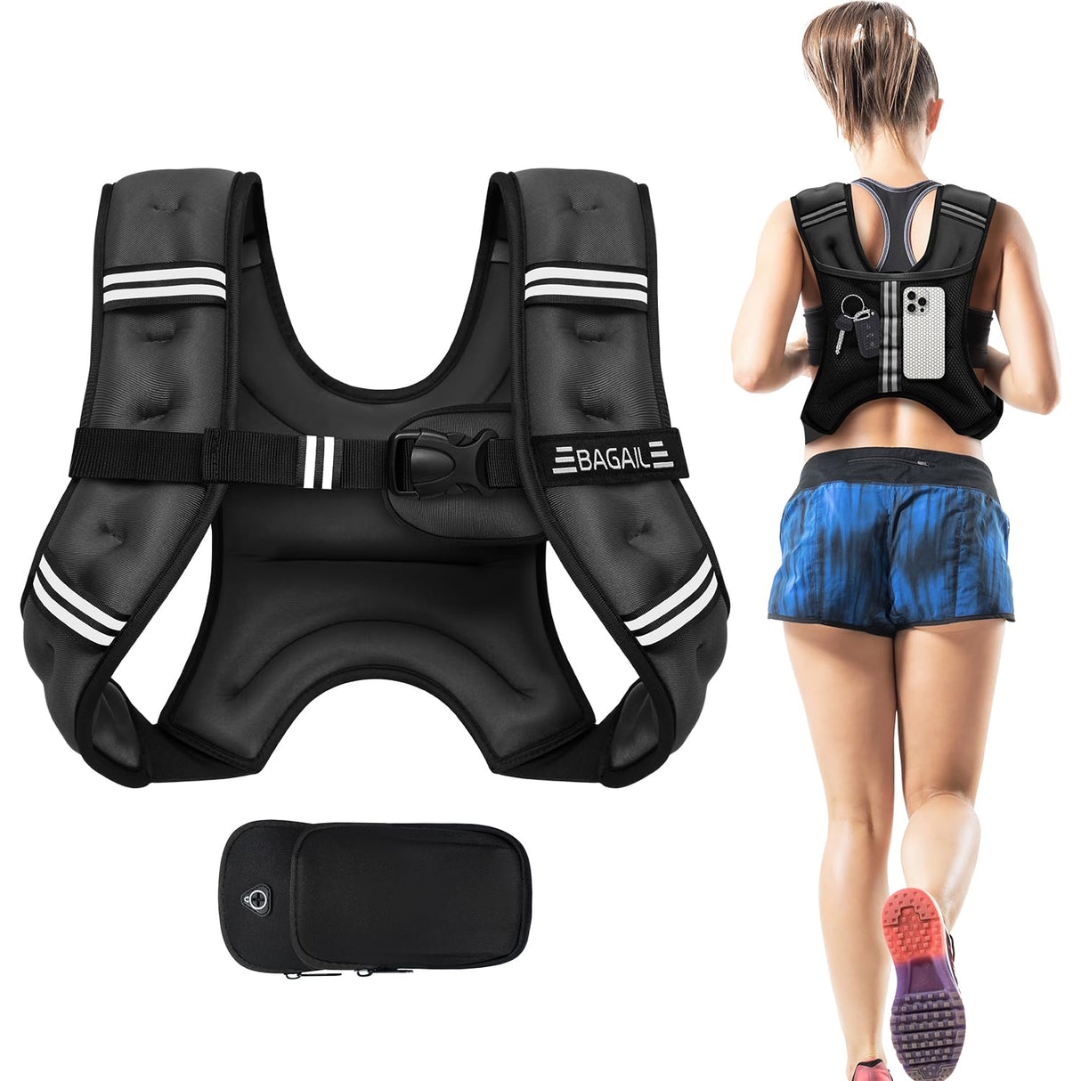 BAGAIL Weighted Vest, 5lbs/10lbs/12lbs/15lbs/20lbs/25lbs/30lbs Weight Vest with Detachable Phone Pouch, Rucking Vest for Women, Men, Walking, Weight Loss, Training, Running