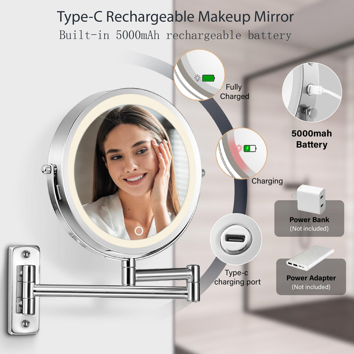9" Large 15X Rechargeable Wall Mounted Lighted Makeup Mirror Nickel, 5000mAh HD Magnifying Mirror with 3 Color Bright Lights Touch Screen Dimmable, 17" Extendable 360° Swivel Bathroom Vanity Mirror