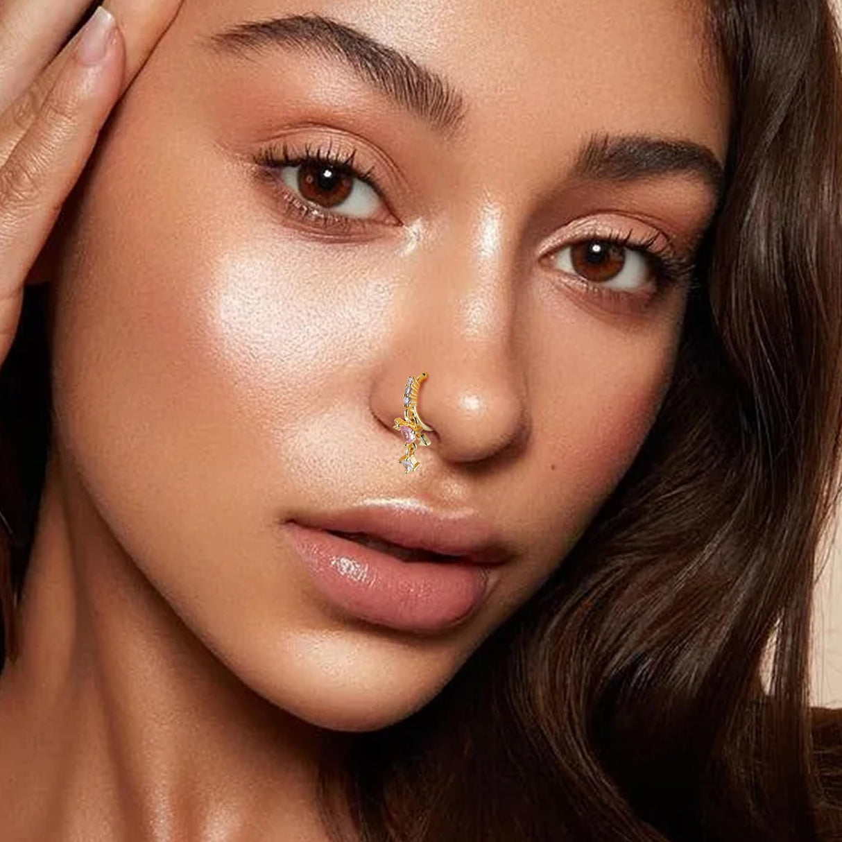 Florideco 12Pcs Nose Cuff Fake Nose Ring Hoop Clip on Nose Rings CZ Dangle Cartilage Tragus Ring Nose Cuff Non Piercing for Women Men Gold