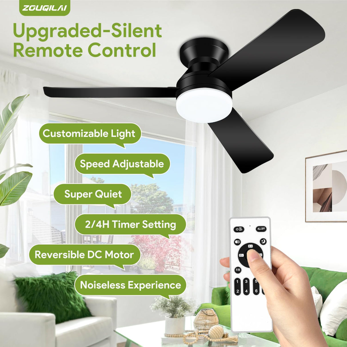 ZOUQILAI Ceiling Fans with Lights - 42 Inch Low Profile Ceiling Fan with Light and Remote, Reversible DC Motors, 3CCT Dimmable Timer Noiseless, Black Flush Mount Ceiling Fan for Bedroom/Living Room