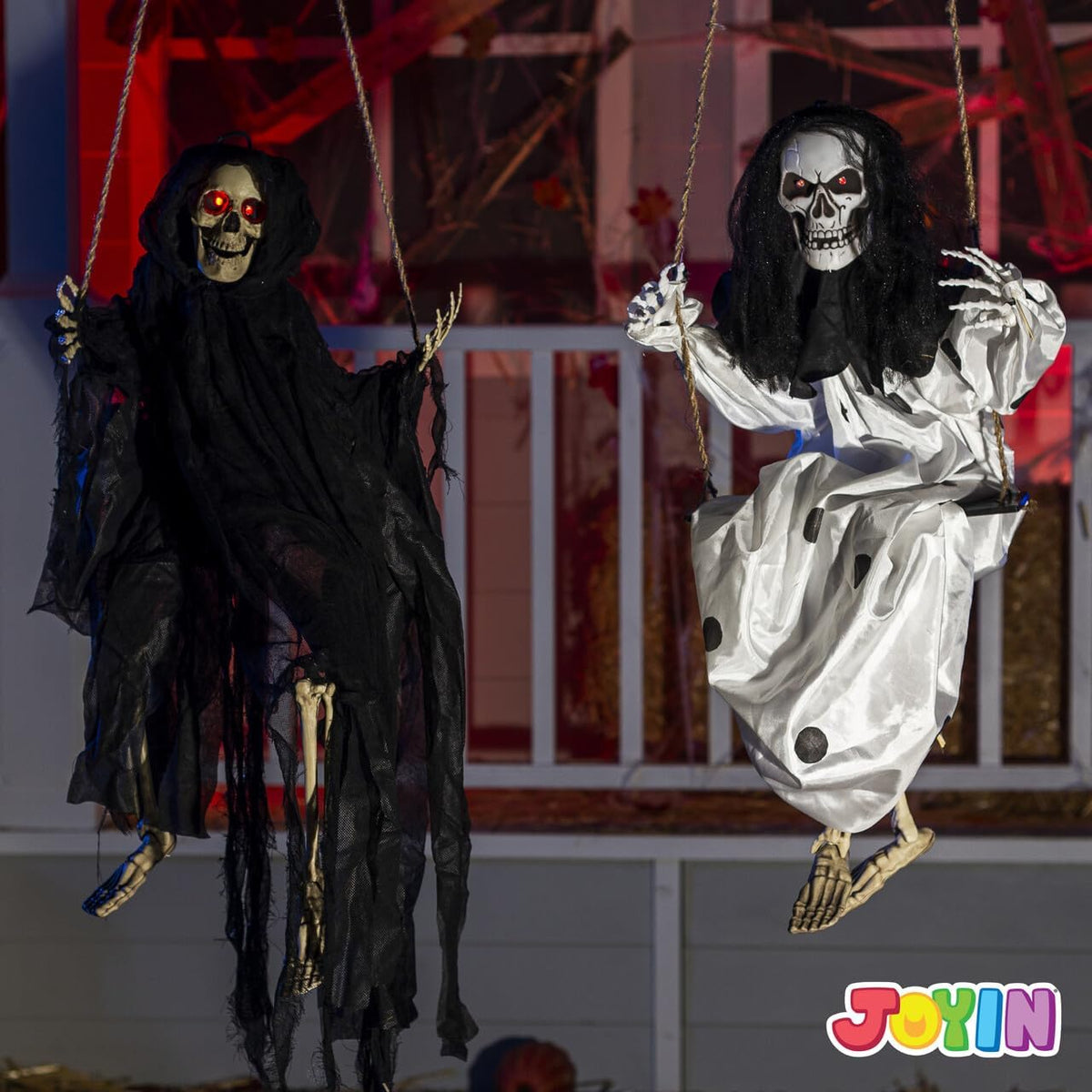 JOYIN 2 Pcs Halloween Hanging Swinging Ghosts Decorations Outdoor, Halloween Scary Decor with Lighted Up Eyes, Creepy Swinging Skeleton Flying Props for Yard Patio Lawn Garden