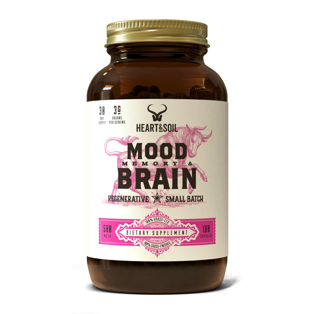 HEART & SOIL Grass Fed Beef Brain Supplement – 3000mg Brain Supplements for Memory and Focus with DHA, EPA, Choline, B12, Folate, Riboflavin, Selenium & Copper - Non-GMO, Allergen-Free - 180 Capsules