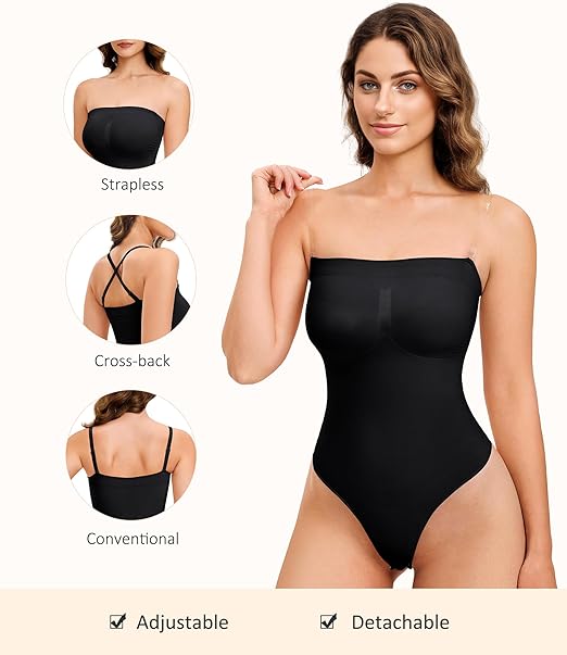 Strapless Thong Bodysuit for Women Seamless Tummy Control Shapewear Body Shaper -Removable Strap Tube Top Leotard