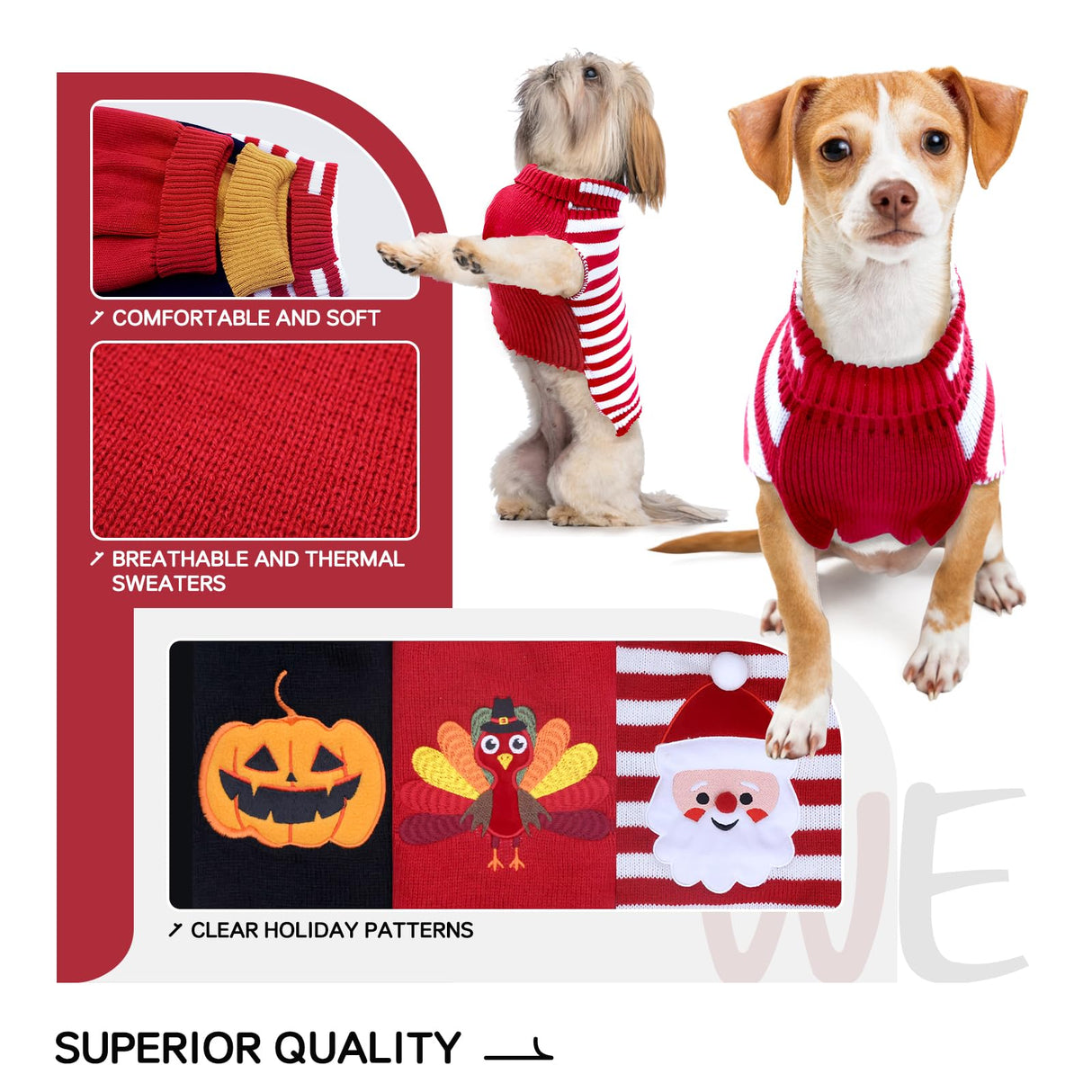 3 Pack Halloween Thanksgiving Christmas Dog Cat Knit Sweater Set - Dog Clothes with Santa Pattern Pumpkin Turkey Pets Costumes-Dog Fall Sweaters for Holiday(m)