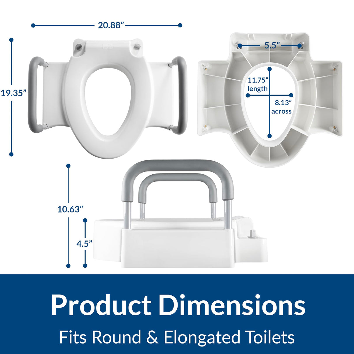 Bemis Rise 4.5" Raised Toilet Seat with Handles, Toilet Seat Riser for Seniors with Secure Hinges, Fits Round and Elongated