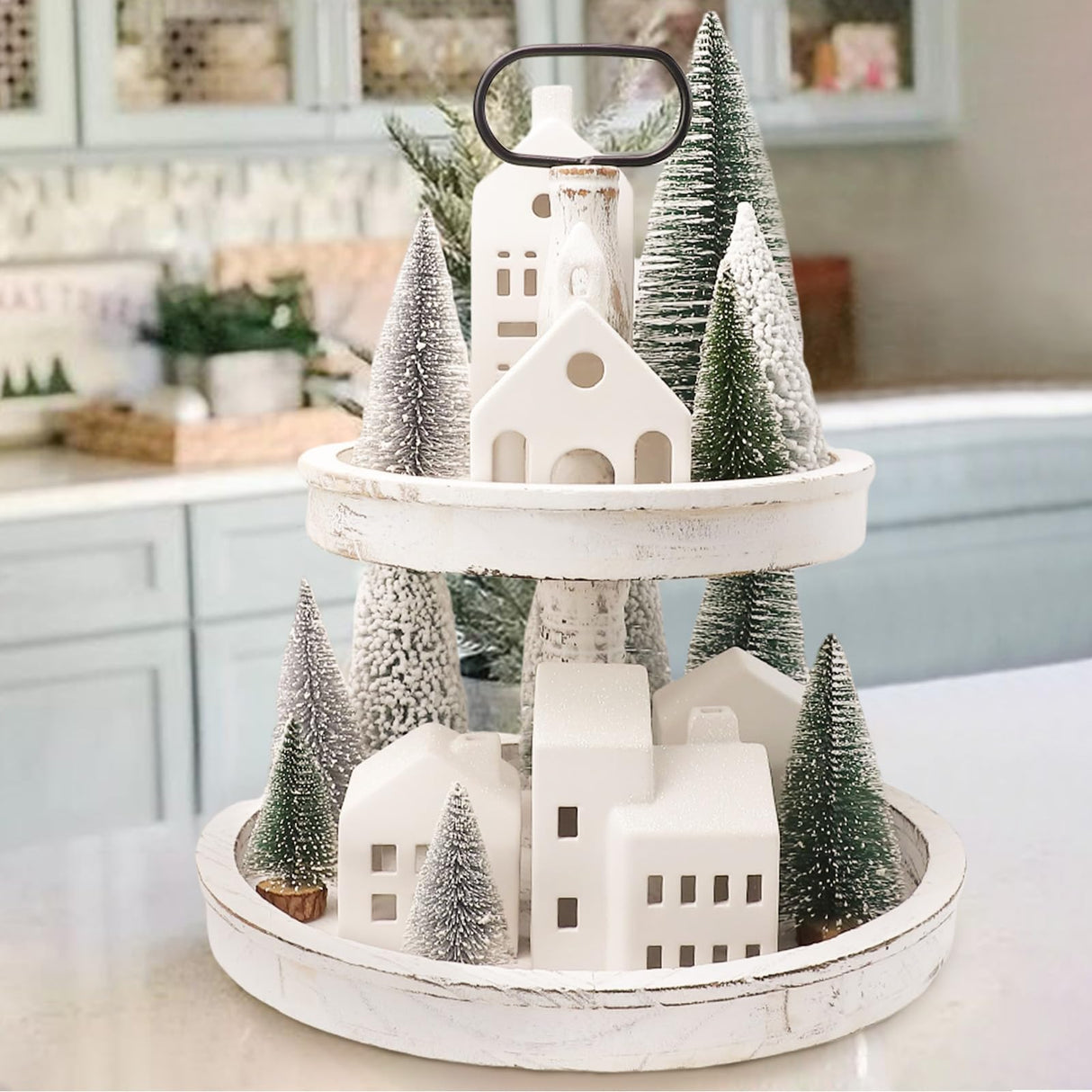 Christmas Decorations - Christmas Village Sets of 5 Lighted Ceramic Houses with Remote Control & 9 Trees - Indoor White Xmas Holiday Rustic Unique Decor for Home Table Room Farmhouse Decoration