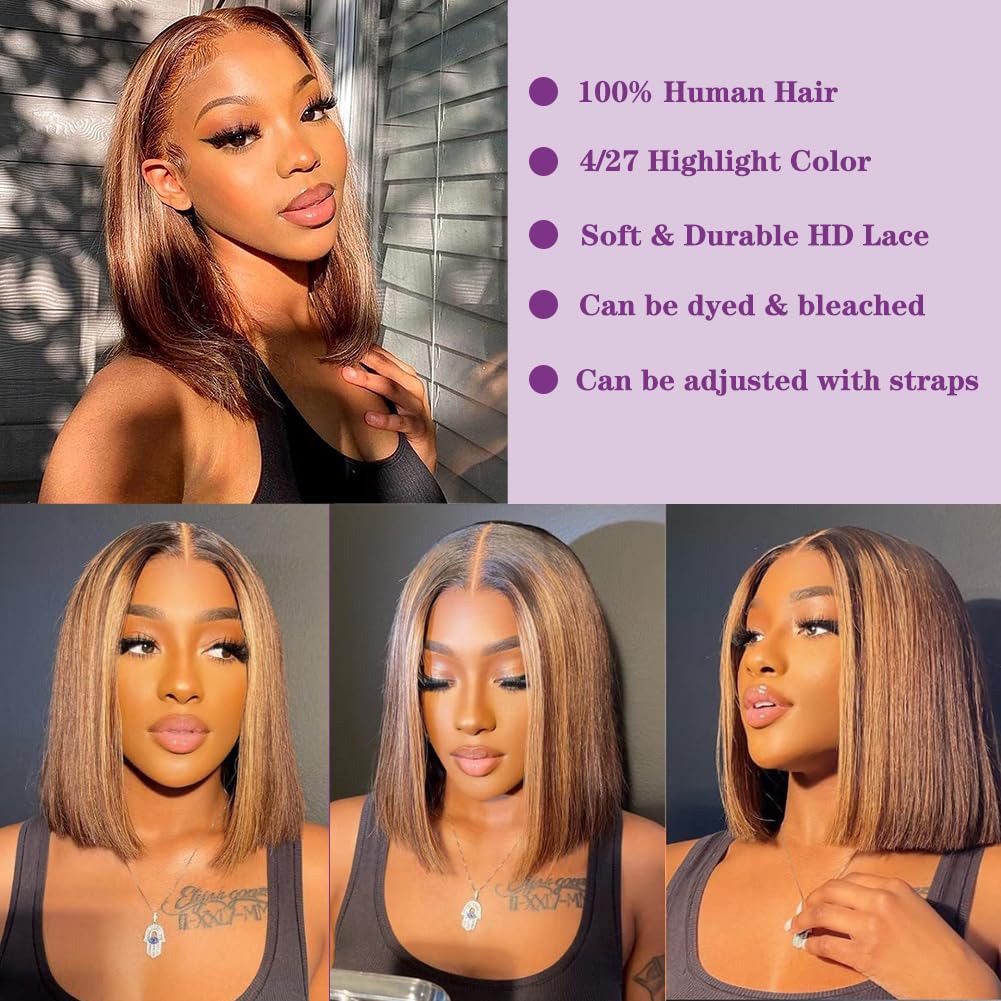 Bob Wig Human Hair Highlight Ombre 13x4 Lace Front Wigs 4/27 Honey Blonde Glueless Wigs Human Hair Pre Plucked with Baby Hair 180 Density 12A Short Bob Wigs for Women 12 Inch