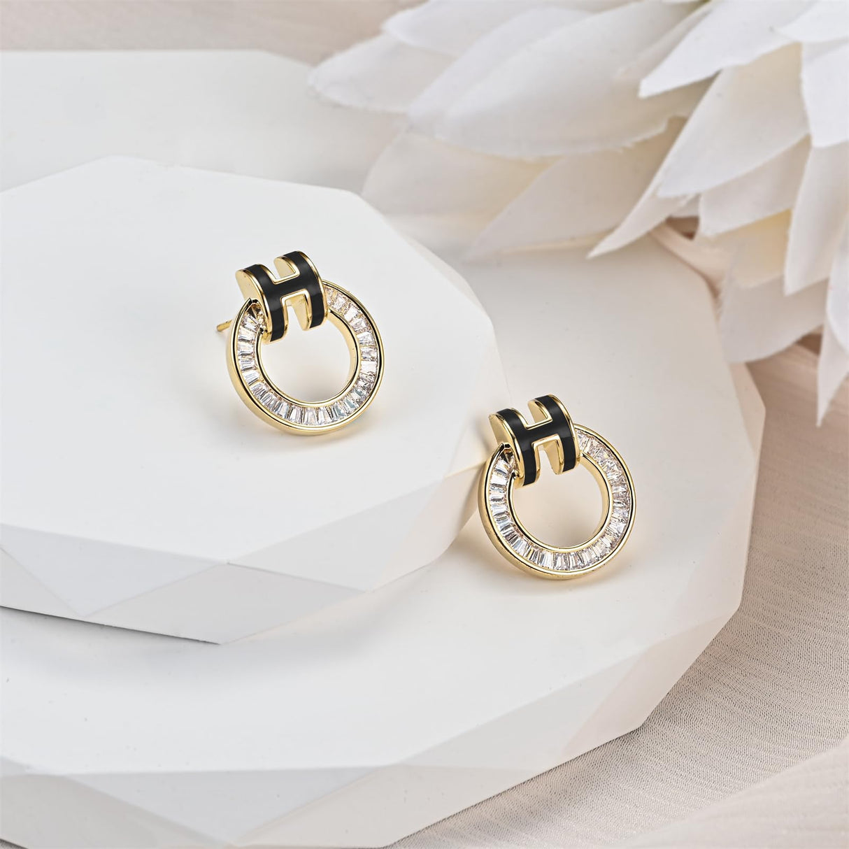 Hothink H Stud Earrings 14K Gold Plated Earrings Enamel Earrings Dainty Stud Earrings for Women Birthday Gifts for Women (Gold-Black)