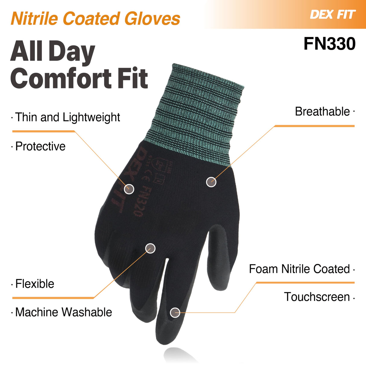 DEX FIT Nitrile Work Gloves FN330, 3D-Comfort Stretchy Fit, Firm Grip, Thin & Lightweight, Touch-Screen Compatible, Durable, Breathable & Cool, Machine Washable; Black XS (6) 12 Pairs