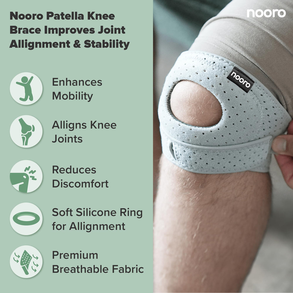 nooro Patella Knee Brace - Adjustable Knee Brace for Men and Women with Side Stabilizers, Open Patella Support for Injuries, Running, Sports, and Workouts - 1 pack