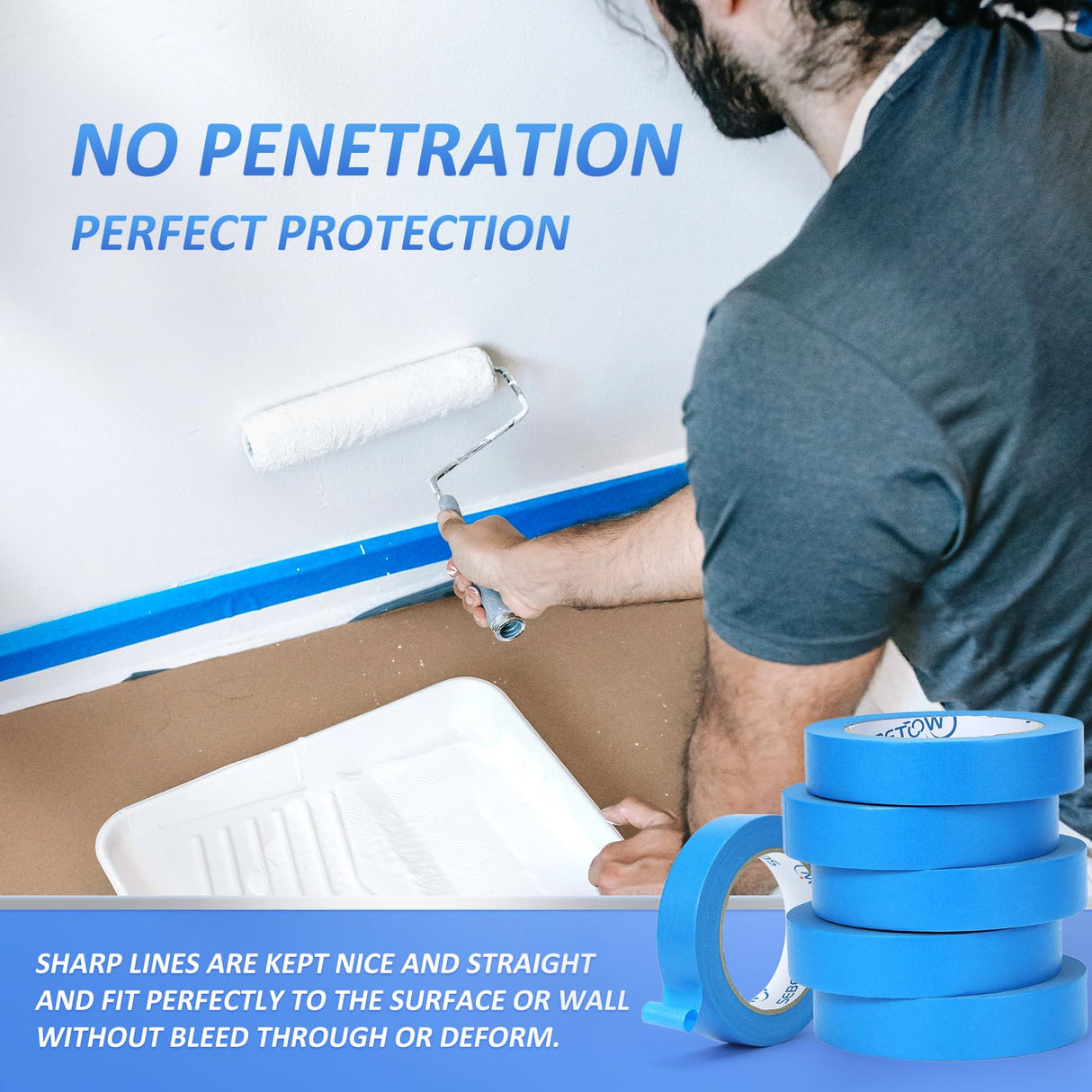 SEBETOW 10 Rolls Painters Tape 1 inch Bulk Painter Tape Blue Wide Roll, Blue Masking Tape, 1 Inches x 55 Yards for General Purpose Wall Painting, Home Improvement