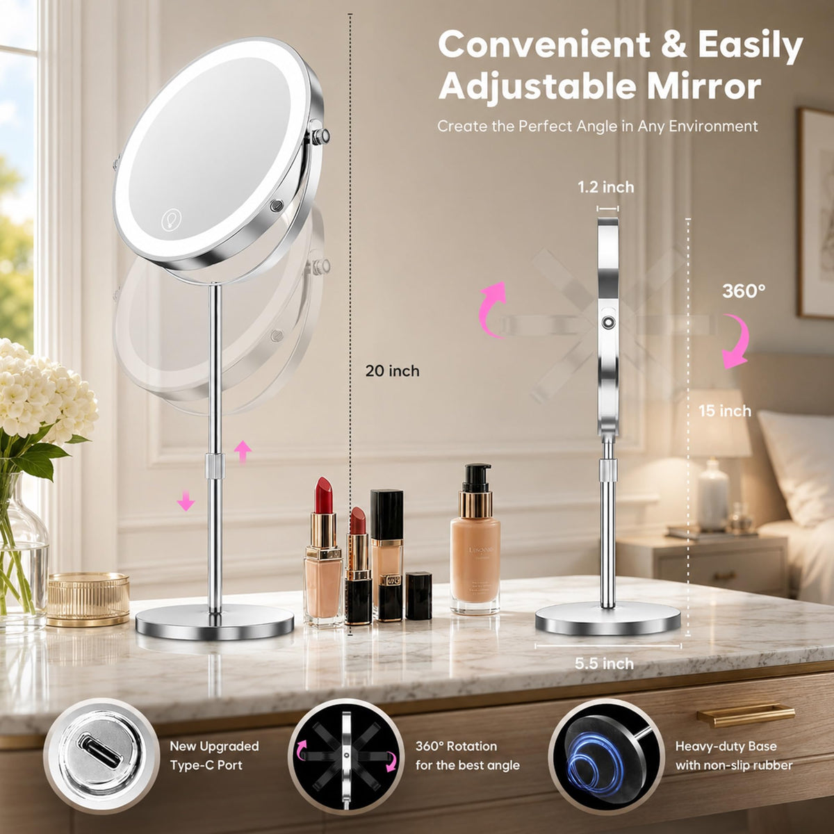 Dienmern 1X/30X Makeup Mirror with Lights, 9" Magnifying Vanity Mirror