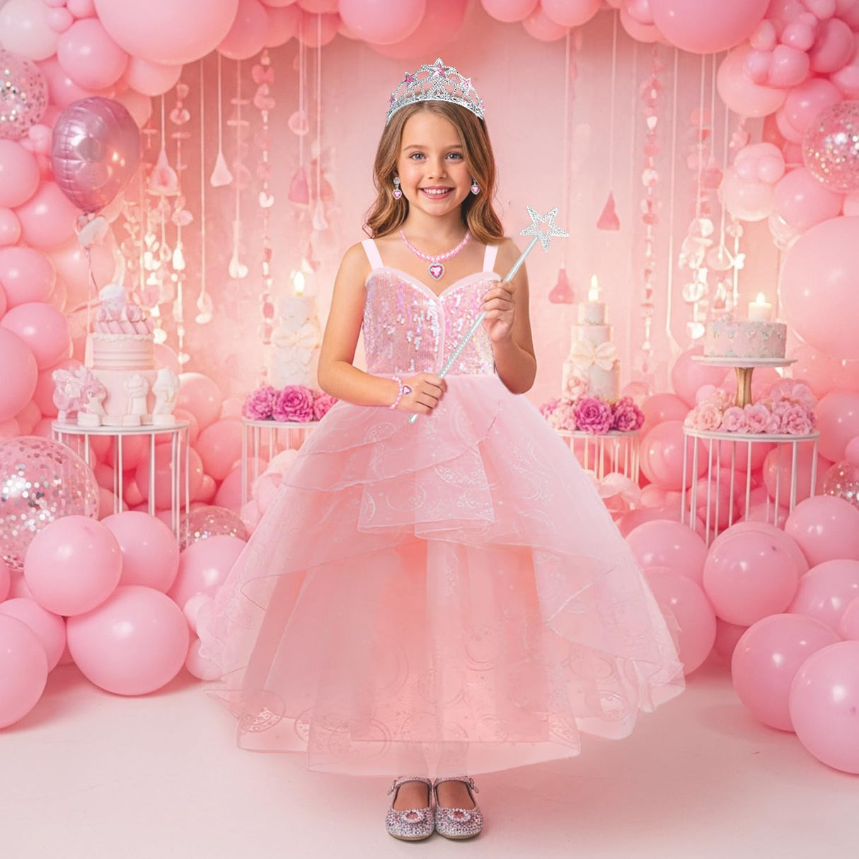 Axwcon Wicked Glinda Dress Costume for Girls, Pink Tulle and Sequin Witch Dress for Kids Christmas、Halloween Cosplay Costumes