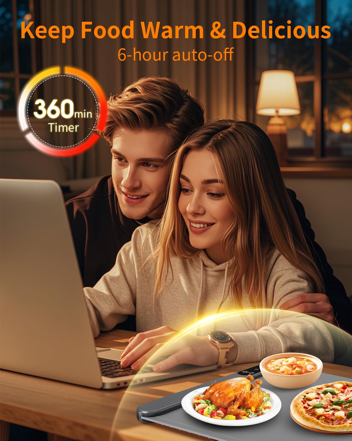Food Warming Mat, Electric Warming Tray with 6 Level Temperature Settings,6 Hours Timer, Graphene Rapid Heating, Auto Shut-Off, Roll Up Food Warmer for Buffets Party, Countertop,Gatherings