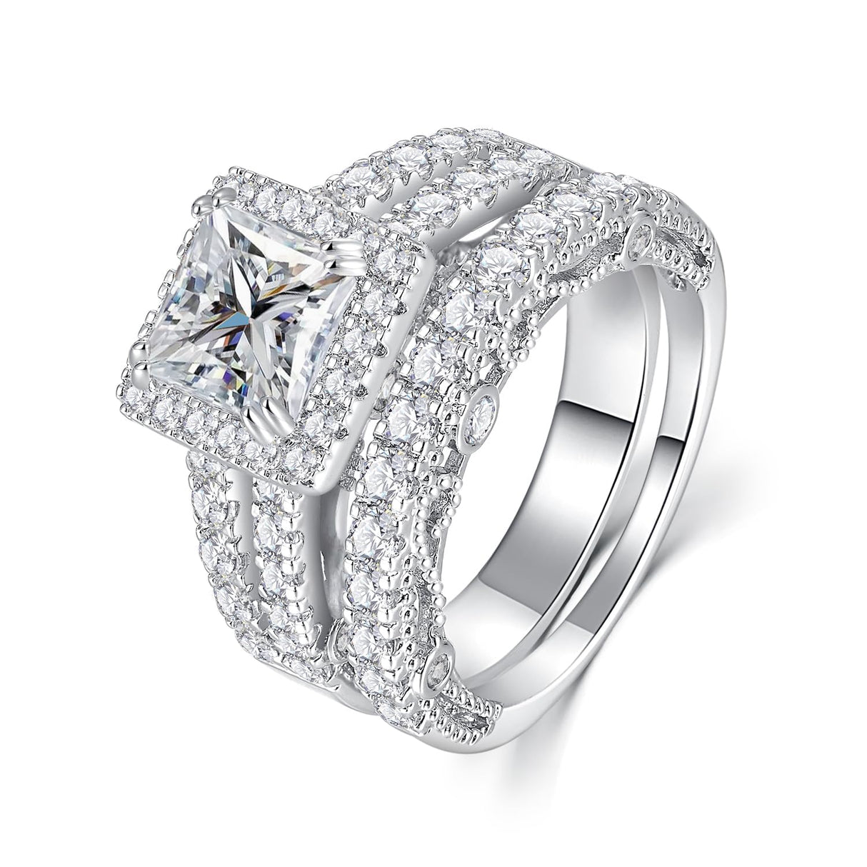 AVECON 5CT Princess Cut Engagement Ring, Promise Wedding Cubic Zirconia White Gold Plated Band Set for Women, Size 7