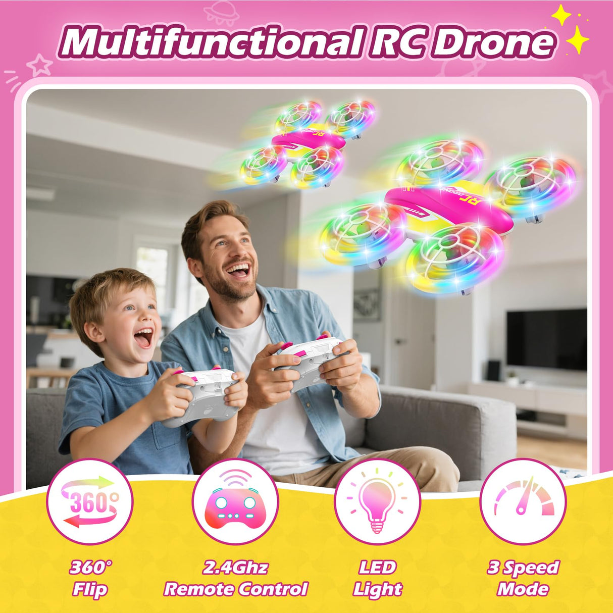 FUNPX LED RC Drone for Kids 6+, Christmas Birthday Gift for Boys & Girls with Remote Batteries, 360° Flips, 3 Speed Modes, 45 Min Flight Indoor and Outdoor Flying Toy - RoseRed Yellow