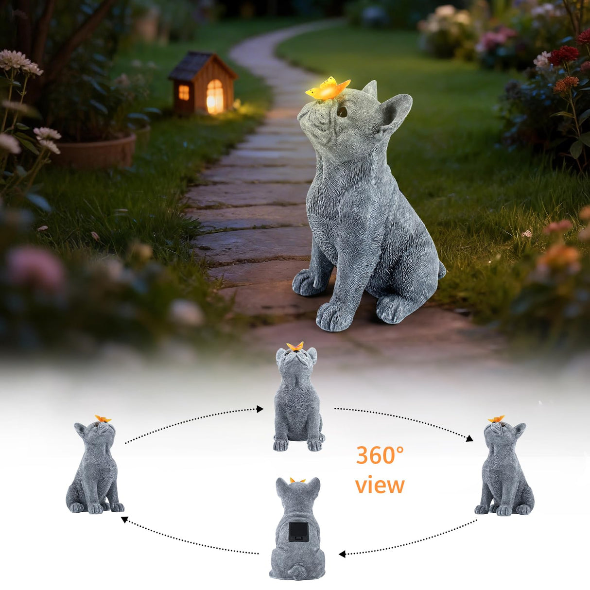 CIYSHO Dog Statue with Solar Butterfly, Cute French Bulldog Garden Statue Outdoor Decor for Outside Yard Lawn Patio Porch, Resin Garden Art Home Decorations Figurine, Dog Lovers Gifts for Women Mom