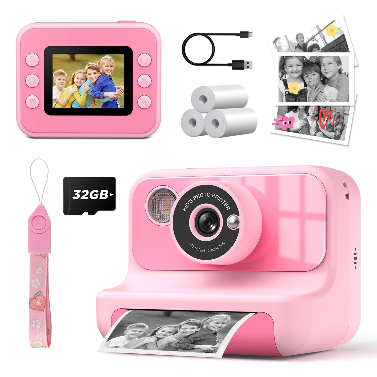 LETSHAHA Instant Print Camera for Kids, 1080P Digital Video Cameras, Christmas Birthday Gifts Toys for Age 3-12, Toddler Camera for 4 5 6 7 8 9 10 Year Old Girls - Pink
