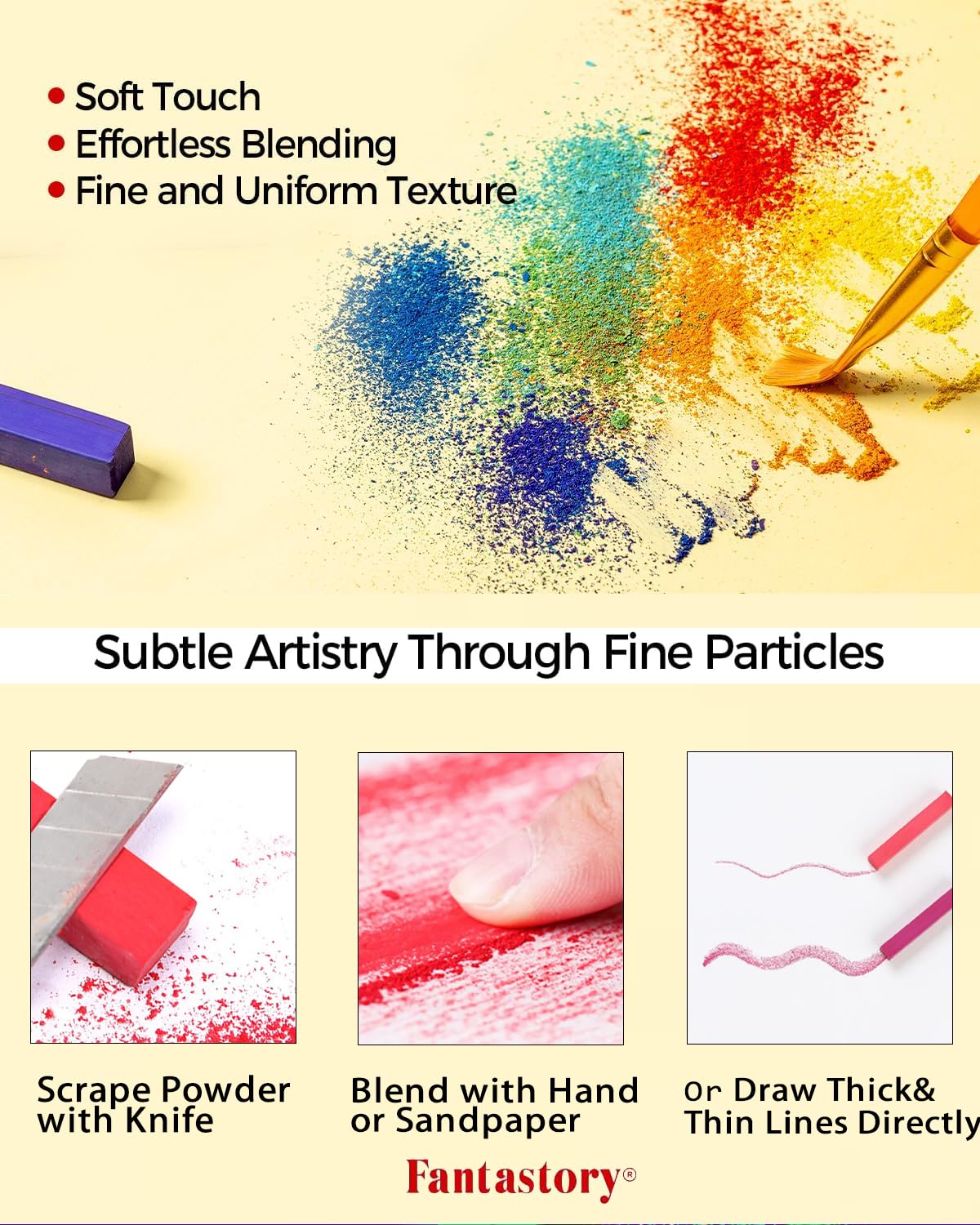 Fantastory Long Soft Chalk Pastels Set, 72 Sticks,Includes 5 Fluorescent Colors; Non Toxic Soft Pastels for Artists,Beginners;Classroom; Drawing,Blending,Layering;Christmas Art Supplies