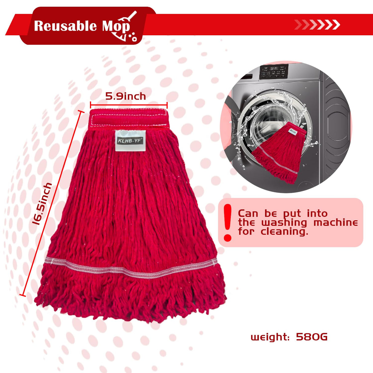 KLHB-YF Heavy Duty Commercial String Mop Heads, 3 Pack Cotton Red Mop Head Replacement, Machine Washable Industrial Mop Head Refills for Janitorial, Restaurant, Warehouse & Office Floor Cleaning
