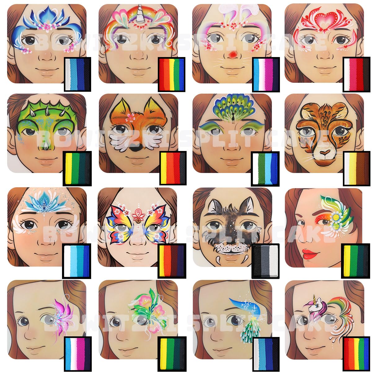 Bowitzki Face Paint Kit Professional Split Cake Face Painting Set For Kids Adults 12x10 gm with Stencil One Stroke Non Toxic Rainbow Flora Dolphin Unicorn Flame Body Paint Halloween Christmas Makeup