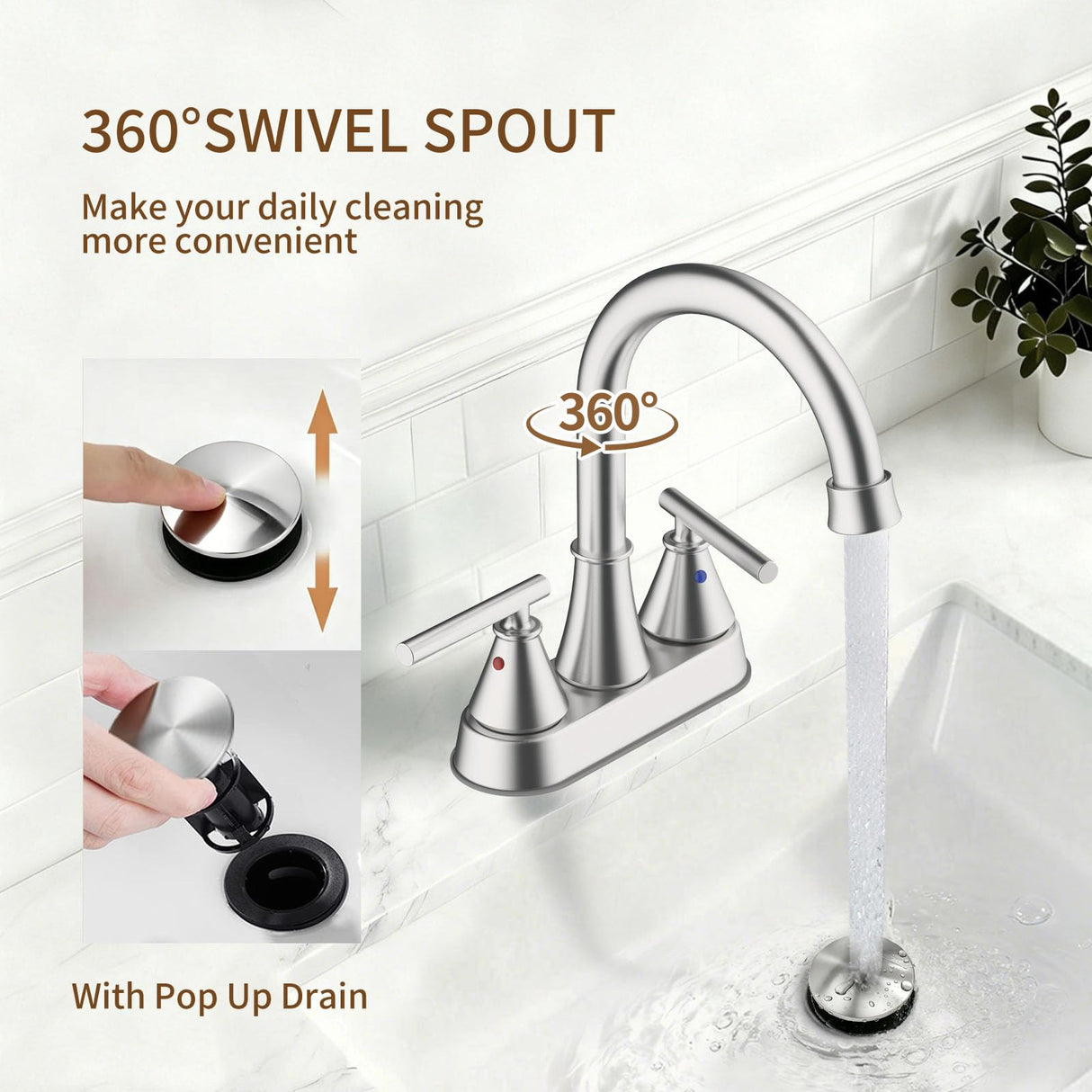 Bathroom Sink Faucet 4 Inch 2 Handle Centerset Brushed Nickel Lead-Free Modern Bathroom Faucet Vanity Faucet with Pop-up Drain Stopper and Supply Hoses