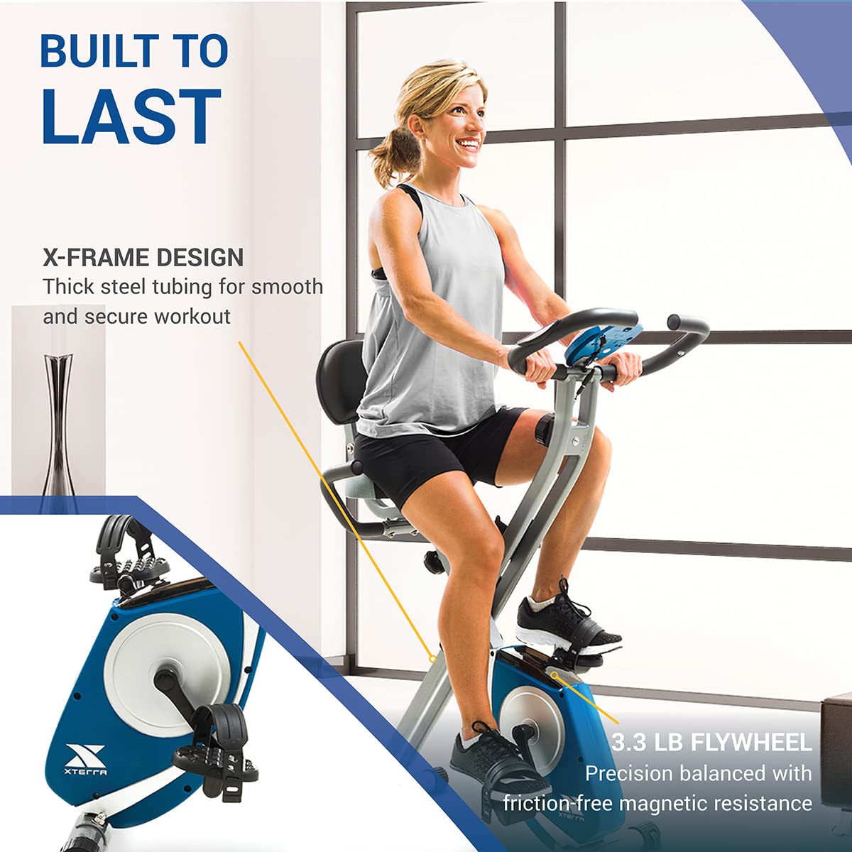 XTERRA Fitness Folding Exercise Bike, 225 LB Weight Capacity, Cordless, Battery Powered with Solid X-Frame Folding Design, Padded Seat and Handlebars, Adjustable Foot Straps, 8 Levels of Resistance