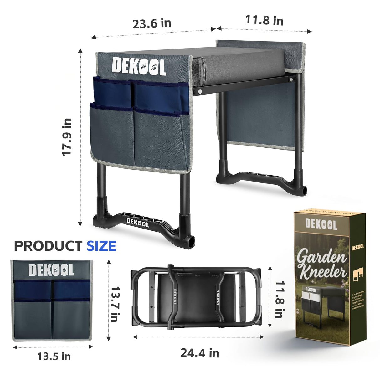 Dekool Garden Kneeler and Seat with Upgraded Wide & 3" Thick Kneeling Pad, Heavy Duty Garden Stool with 2 Large Tool Bags, Portable Bench for Weeding, Gardening Gifts for Women, Men, Seniors, Grey