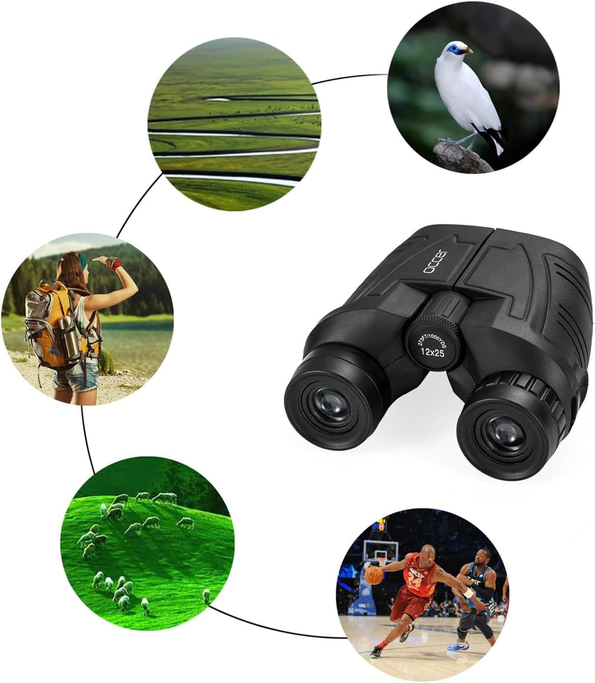 Occer Prismáticos compactos de 12 x 25 para adultos y niños, ocular grande impermeable con visión de poca luz, binoculares de fácil enfoque de alta potencia para observación de aves, caza al aire