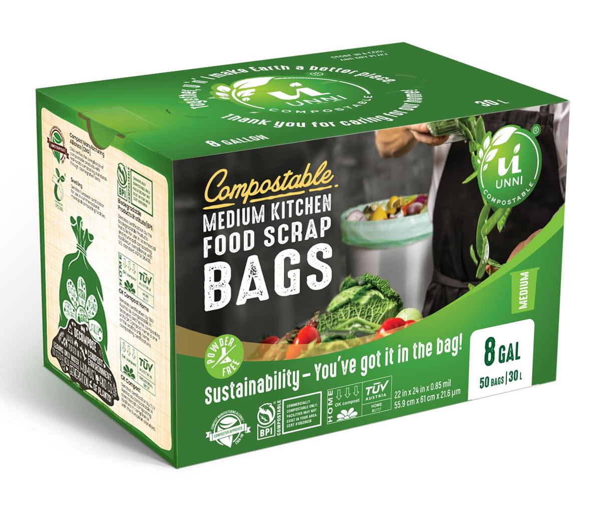 UNNI Compostable Liner Bags, 6-8 Gallon, 30 Liter, 50 Count, 0.85 Mil Heavy Duty, Food Scrap Bags for Medium Bins, ASTM D6400, US BPI, CMA and Europe OK compost HOME Certified, San Francisco