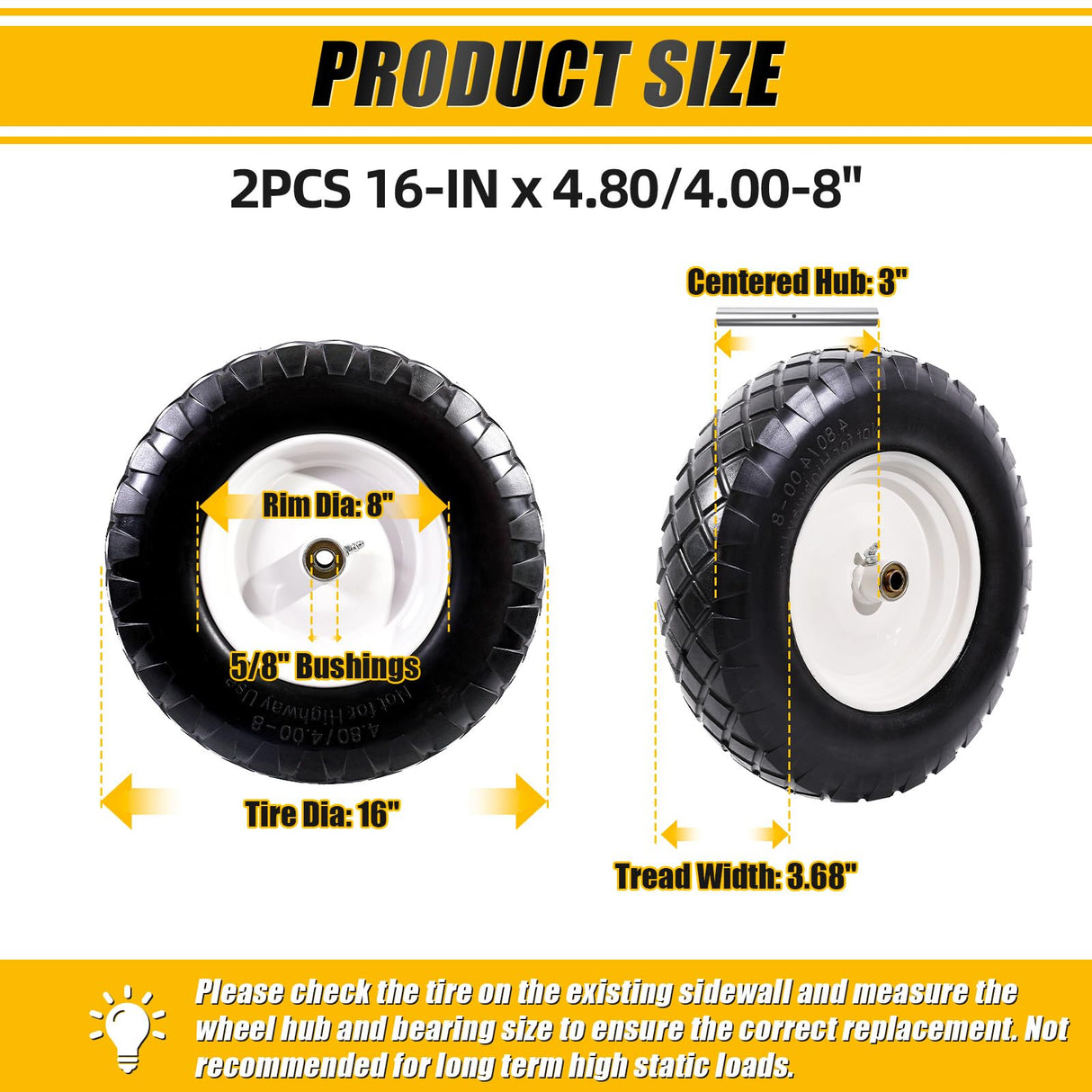 MZREXN 4.80/4.00-8" Wheelbarrow Tires, 16" Flat Free Tire and Wheel