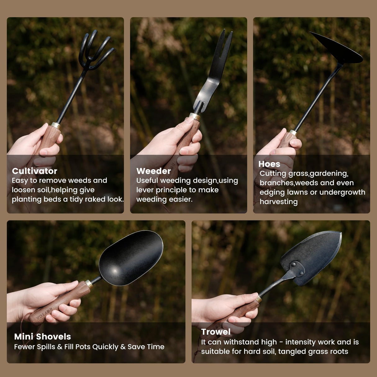 ROYTOA Garden Tool Set, 5PCS Gardening Tools, Stainless Steel Heavy Duty Hand Cultivator, Hoes, Shovel, Trowel and Weeder with Ergonomic Walnut Handle, Gardening Gifts for Women