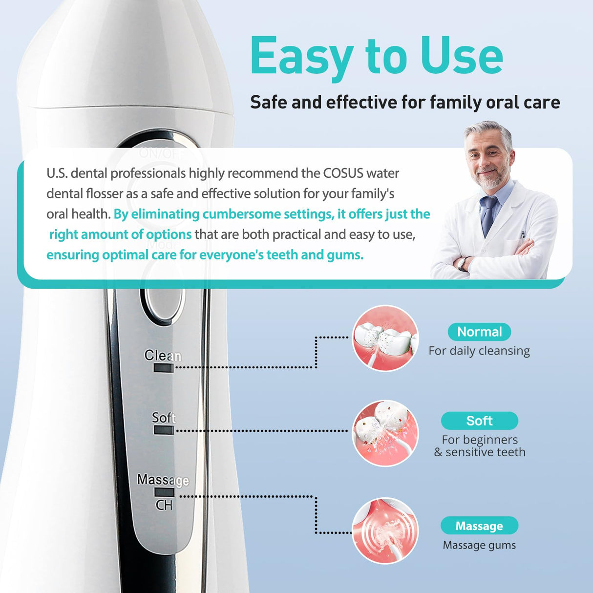 COSLUS Water Dental Flosser Teeth Pick: Portable Cordless Oral Irrigator 300ML Rechargeable Travel Irrigation Cleaner IPX7 Waterproof Electric Flossing Machine for Teeth Cleaning C20(F5020E) White