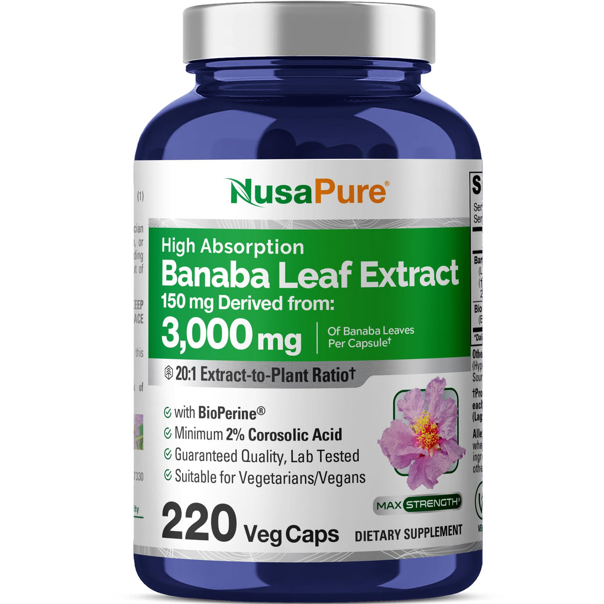 NusaPure Banaba Leaf 20:1 Extract, 150 mg Equivalent to 3,000mg Veg Caps, 220 Days Supply (Non-GMO & Vegan) 2% Corosolic Acid
