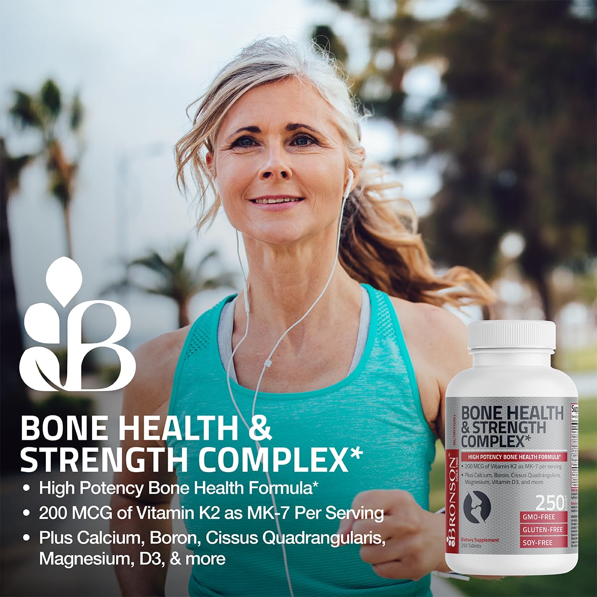 Bronson Bone Health & Strength Complex* High Potency Formula 200 MCG of Vitamin K2 as MK7, Plus Calcium, Boron, Cissus Quadrangularis, Magnesium, Vitamin D3, and More - Non-GMO, 250 Tablets