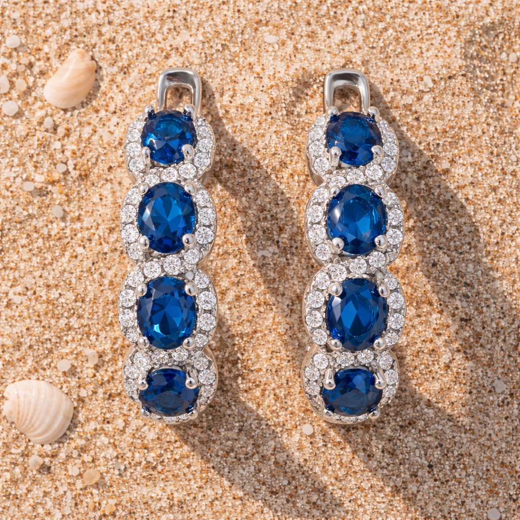 Amy & Annette Blue Sapphire Earrings - 18k White Gold Plated Halo Earring for Women - Great Gift Idea for Every Occasion